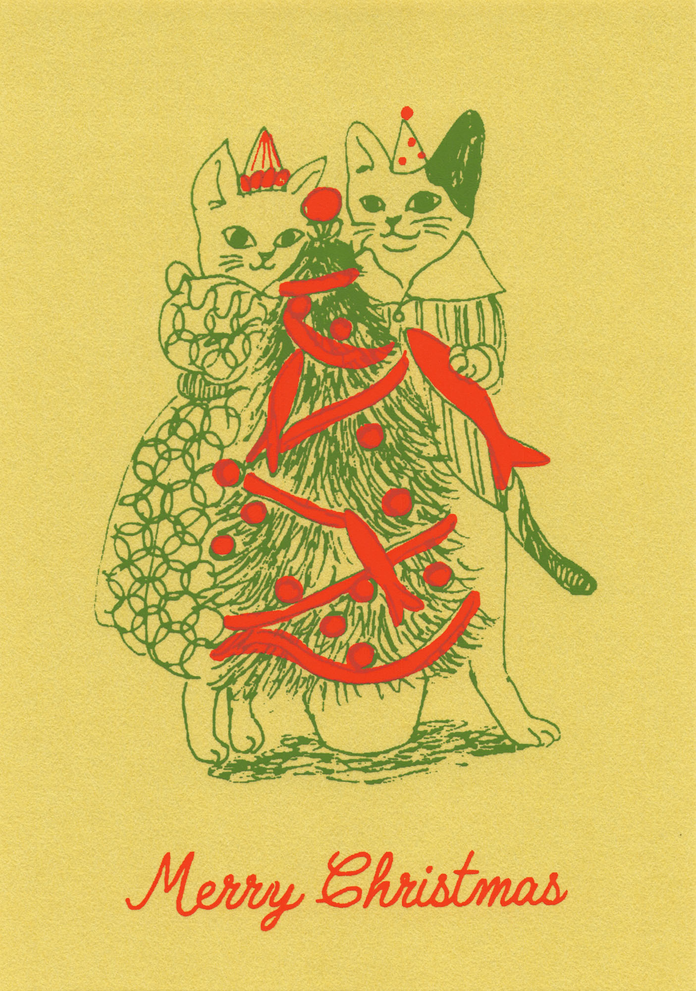 "Merry Christmas" - Katzenpaar - Siebdruck Postkarte von Dimanche