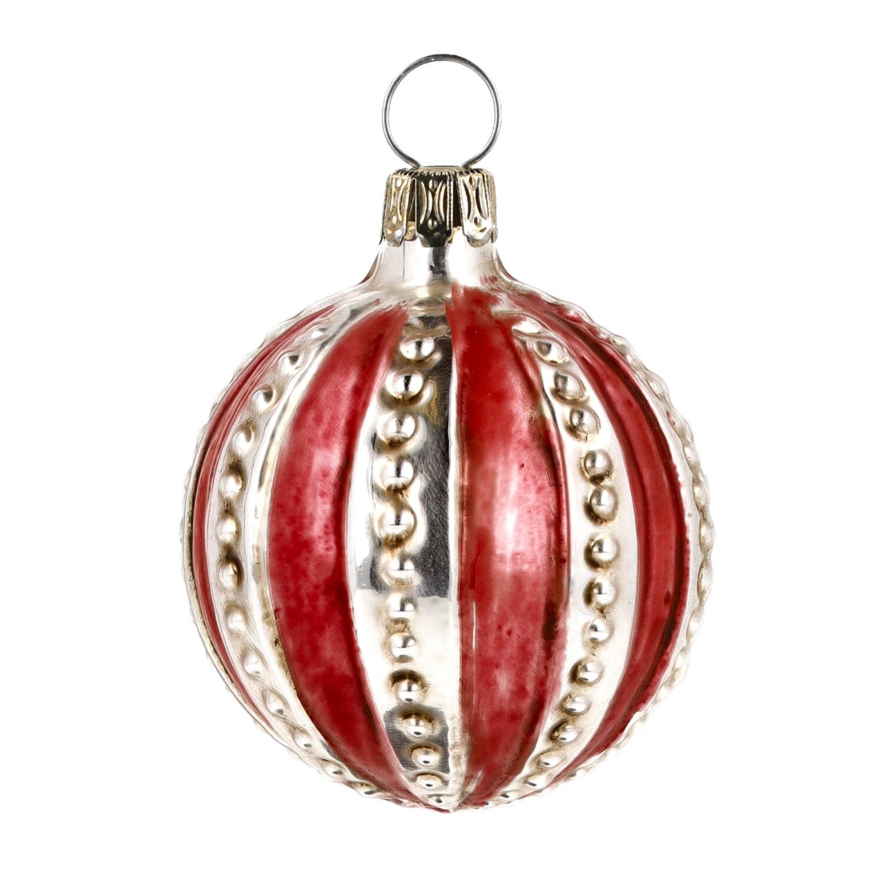 Noppenkugel mit roten Streifen, patiniert - Christbaumschmuck aus Glas Noppenkugel mit roten Streifen, patiniert - Christbaumschmuck aus Glas
