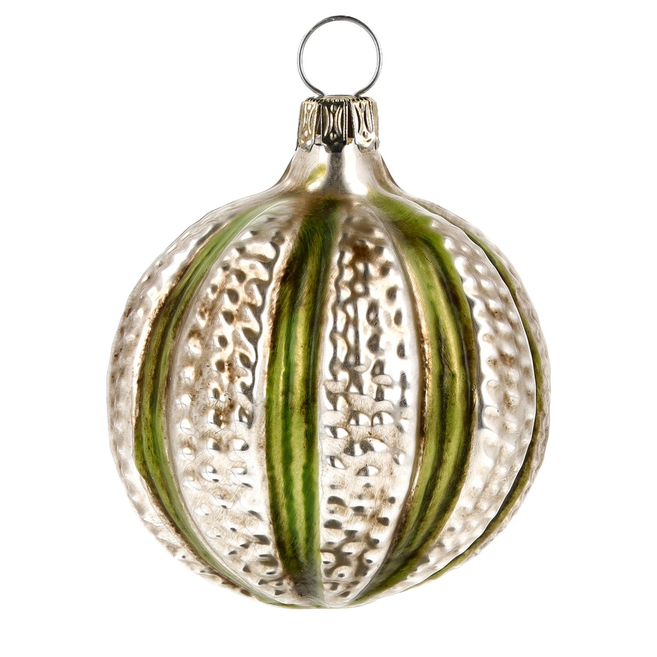 Noppenkugel mit grünen Streifen, patiniert - Christbaumschmuck aus Glas Noppenkugel mit grünen Streifen, patiniert - Christbaumschmuck aus Glas