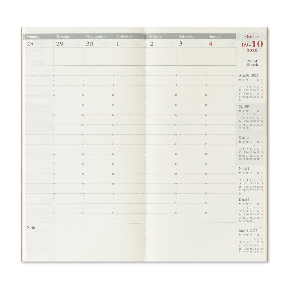 2026 2. Hälfte Kalender (Wochenansicht Vertikal) - TRAVELER'S Notebook Refill