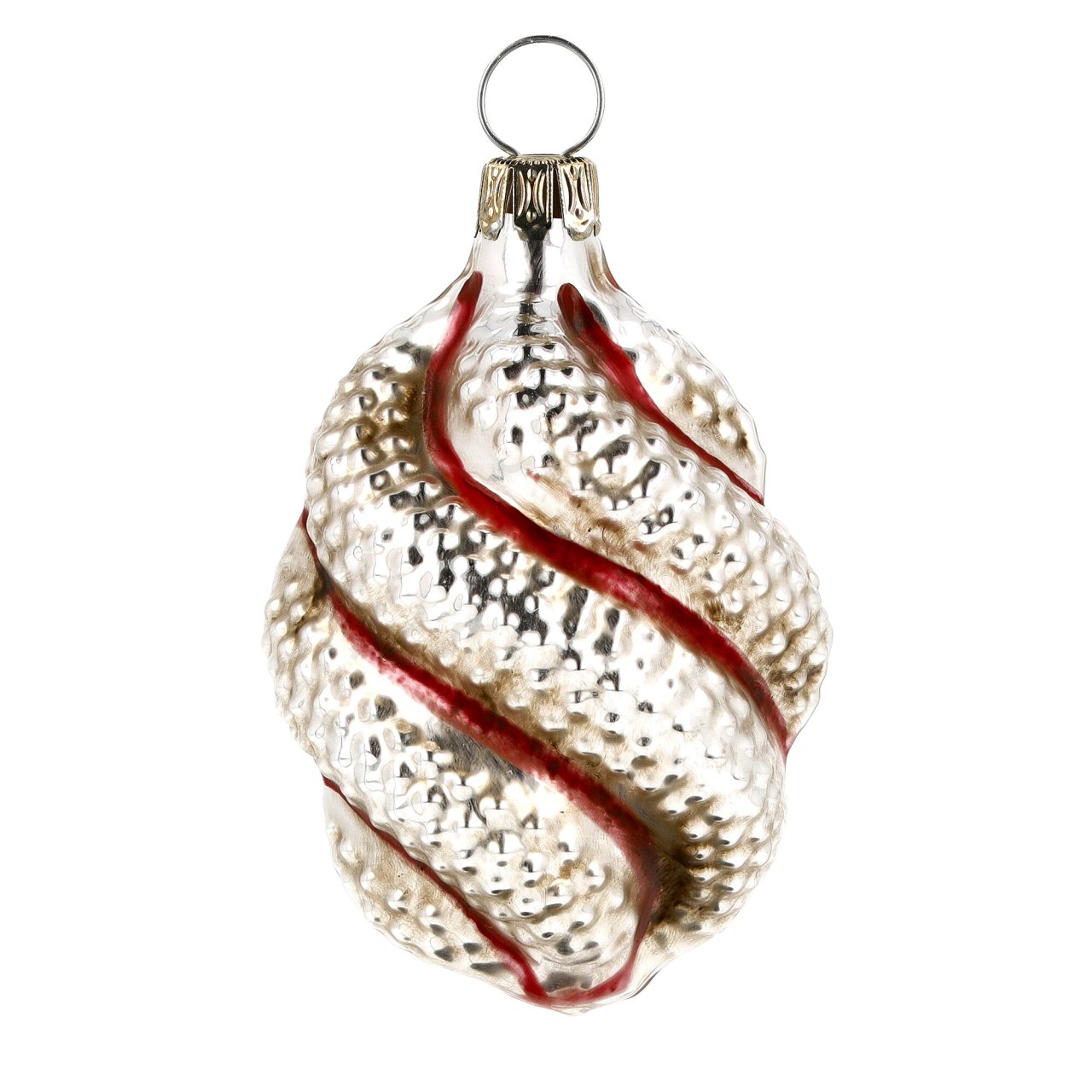 Olive mit Twist und roten Streifen, patiniert - Christbaumschmuck aus Glas Olive mit Twist und roten Streifen, patiniert - Christbaumschmuck aus Glas