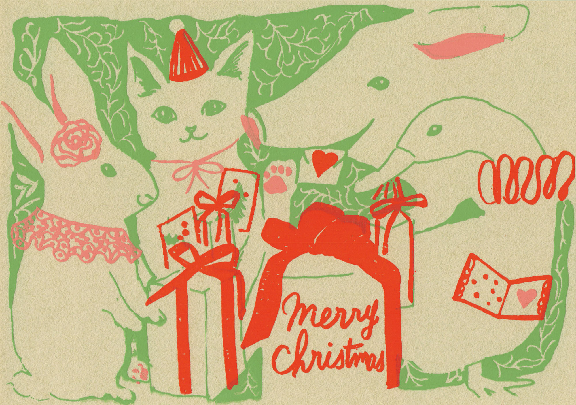 "Merry Christmas" - Tierische Bescherung - Siebdruck Postkarte von Dimanche "Merry Christmas" - Tierische Bescherung - Siebdruck Postkarte von Dimanche