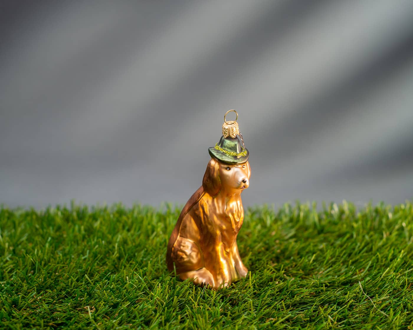 Irish Setter mit Hut und Feder - Christbaumschmuck aus Glas-2538.01-Hanco-Hunde und Katzen Irish Setter mit Hut und Feder - Christbaumschmuck aus Glas von Hanco aus der Kategorie Hunde und Katzen mit der Artikelnummer 2538.01