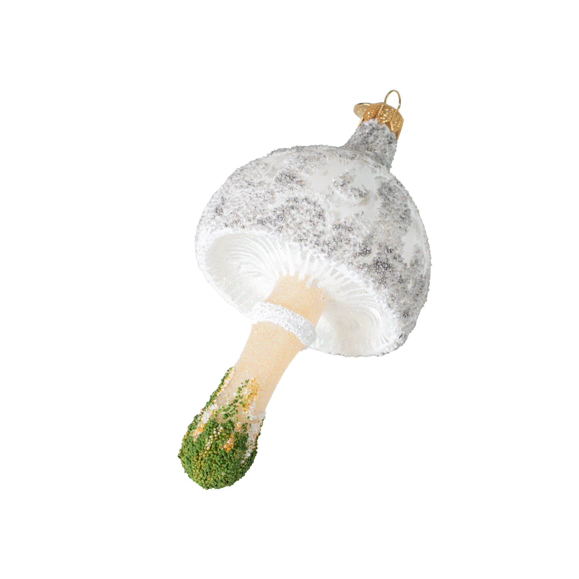 Großer Pilz weiß mit Moos - Christbaumschmuck - Freigeformte Glaskunst aus Polen