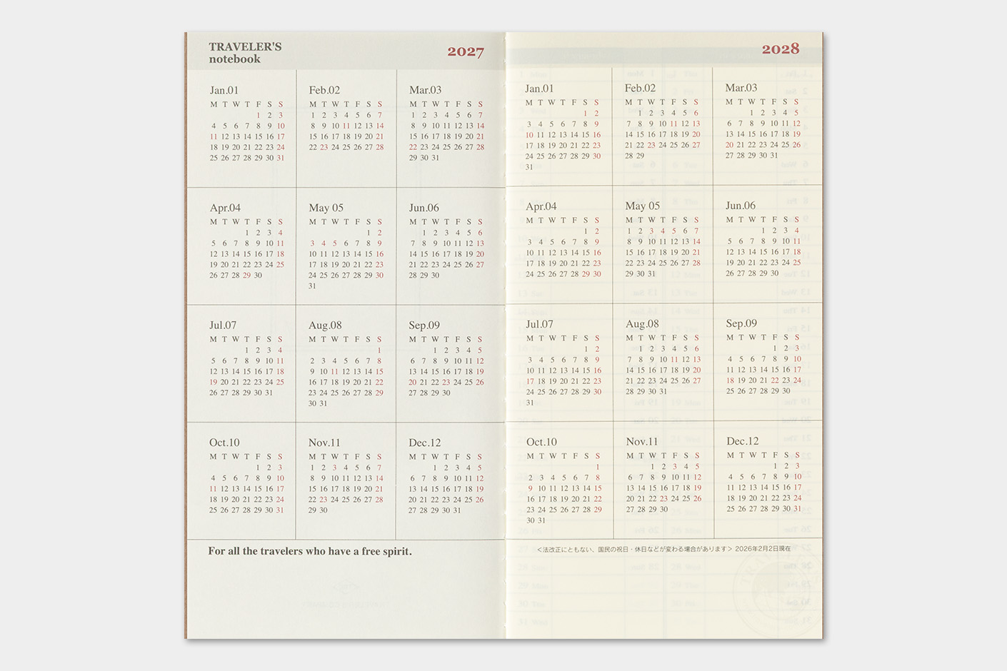 2027 Kalender (Wochenansicht + Memo) - TRAVELER'S Notebook Refill