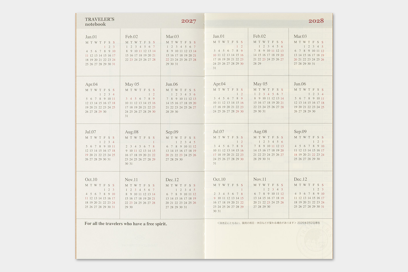 2027 Kalender (Monatsansicht) - TRAVELER'S Notebook Refill