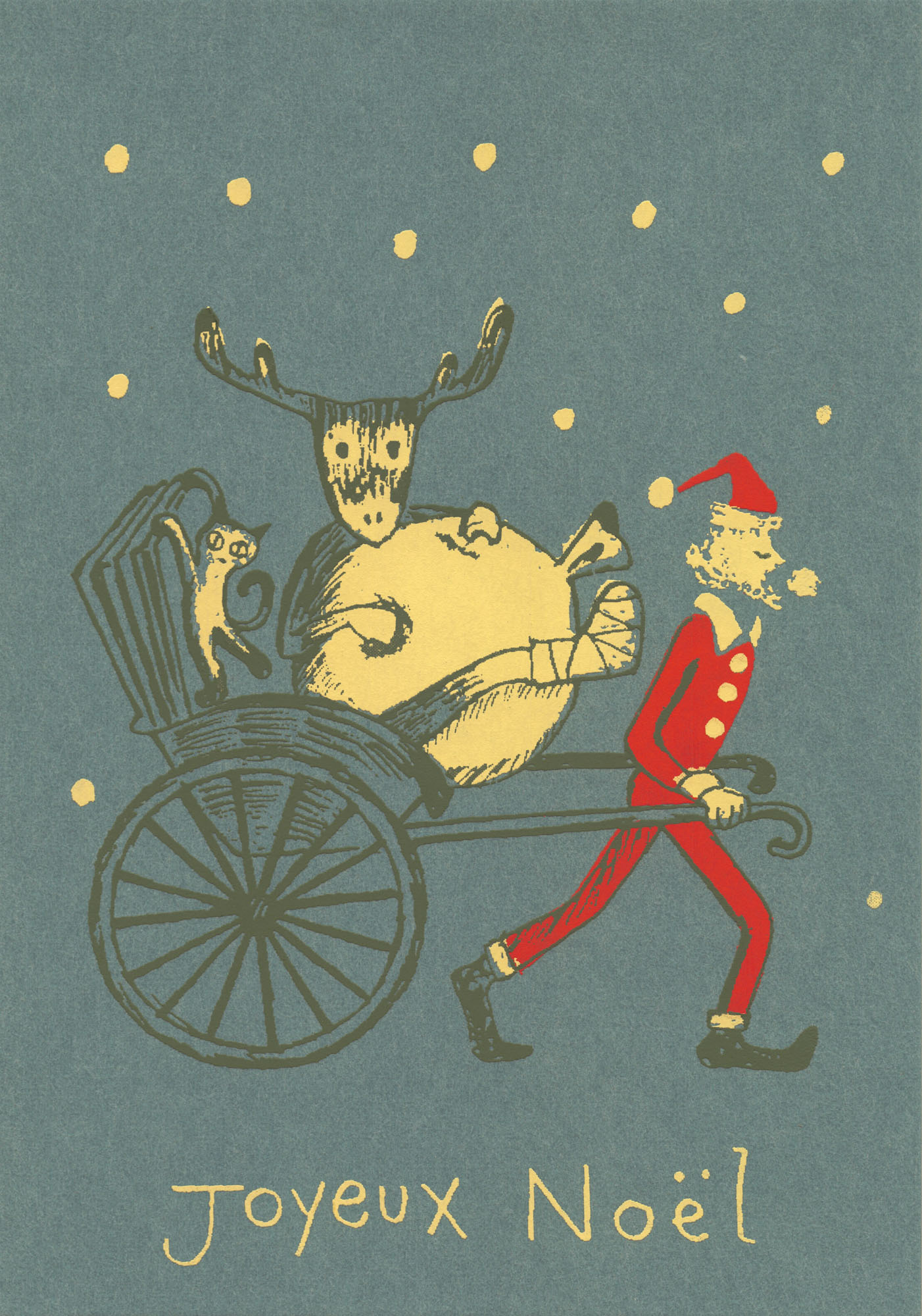 "Joyeux Noël" - Weihnachtlicher Krankentransport - Siebdruck Postkarte von Dimanche "Joyeux Noël" - Weihnachtlicher Krankentransport - Siebdruck Postkarte von Dimanche
