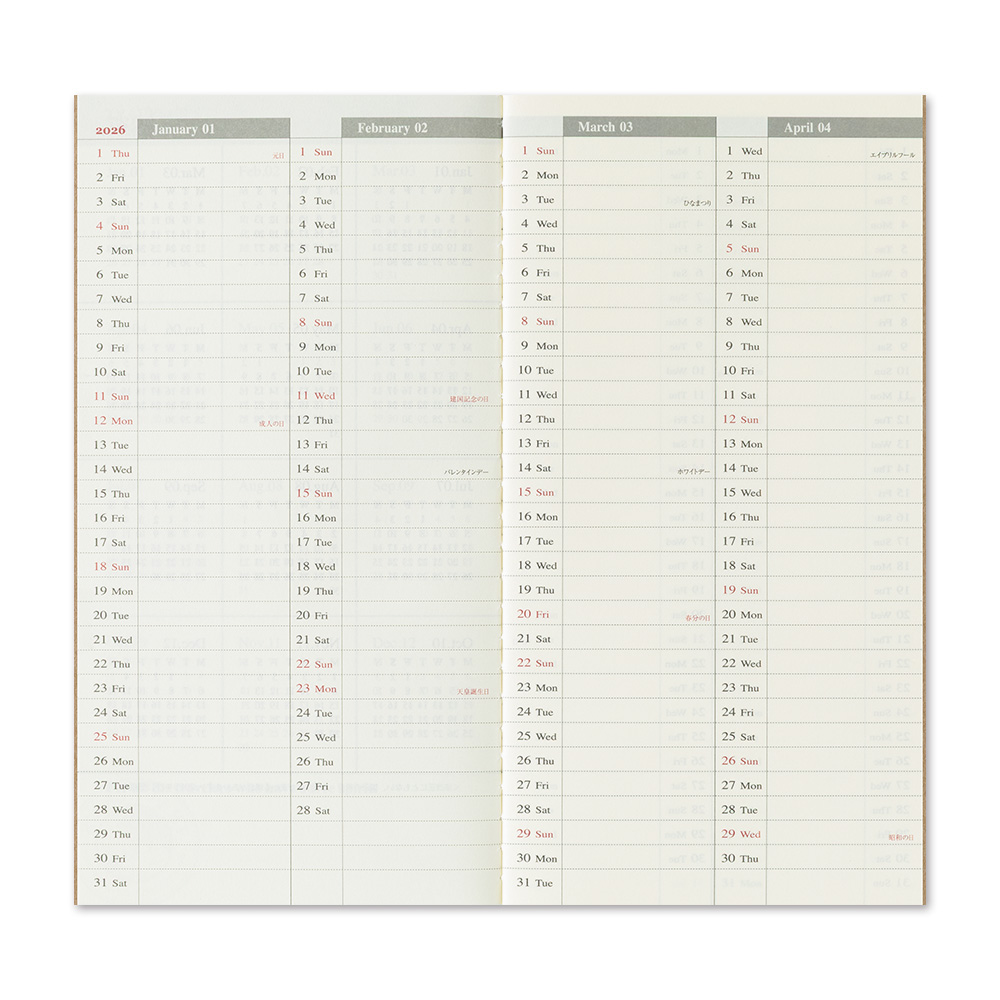 2026 Kalender (Wochenansicht Vertikal) - The Traveler's Spirit - TRAVELER'S Notebook Refill