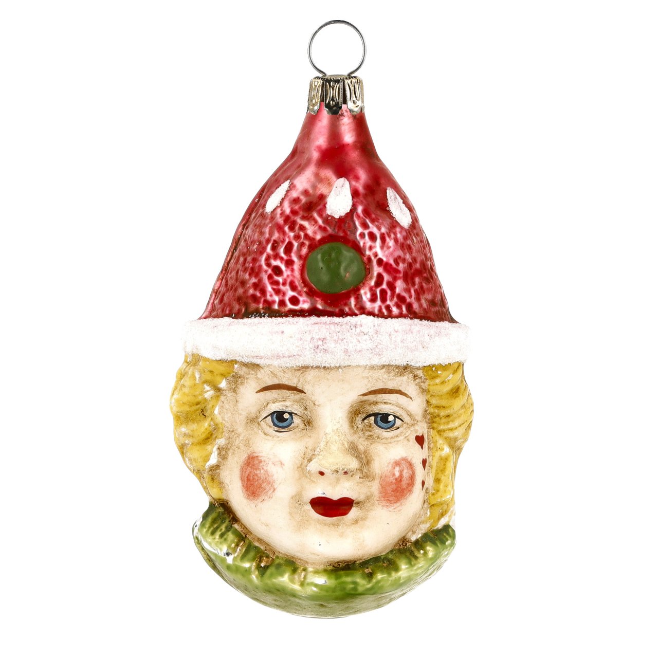 Clownskopf mit roter Mütze, patiniert - Christbaumschmuck aus Glas