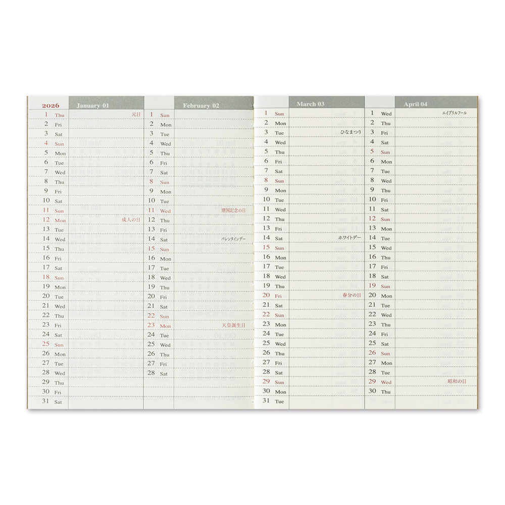 2026 Kalender (Wochenansicht) - The Traveler's Spirit - TRAVELER'S Notebook Refill Passport