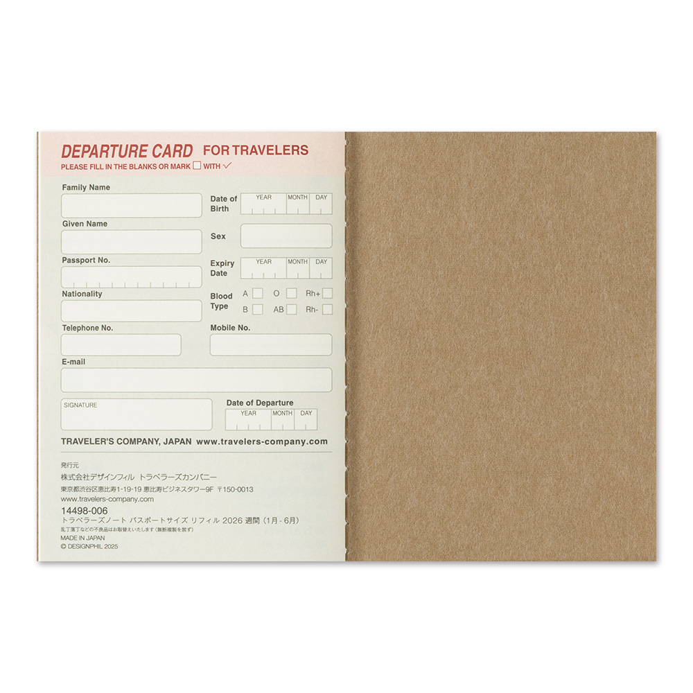 2026 Kalender (Wochenansicht) - The Traveler's Spirit - TRAVELER'S Notebook Refill Passport