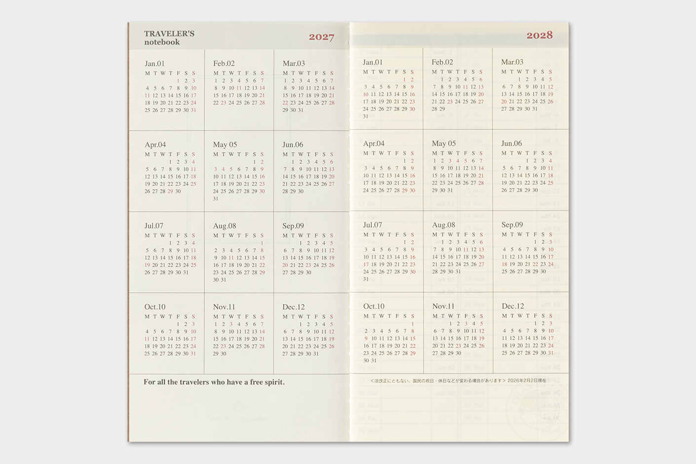 2027 Kalender (Wochenansicht Vertikal) - TRAVELER'S Notebook Refill