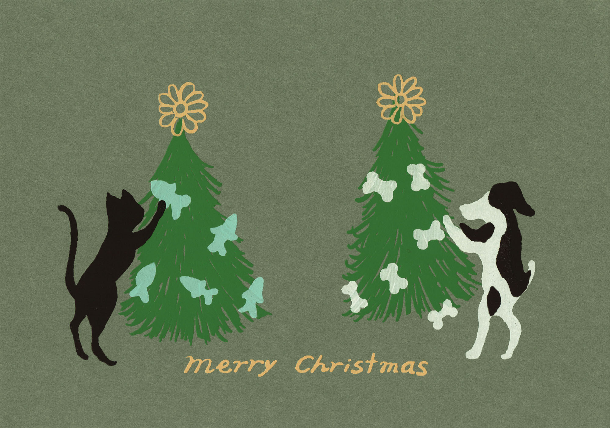 "Merry Christmas" - Hund und Katze schmücken den Weihnachtsbaum - Siebdruck Postkarte von Dimanche "Merry Christmas" - Hund und Katze schmücken den Weihnachtsbaum - Siebdruck Postkarte von Dimanche