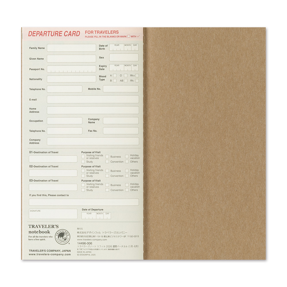 2026 Kalender (Wochenansicht Vertikal) - The Traveler's Spirit - TRAVELER'S Notebook Refill