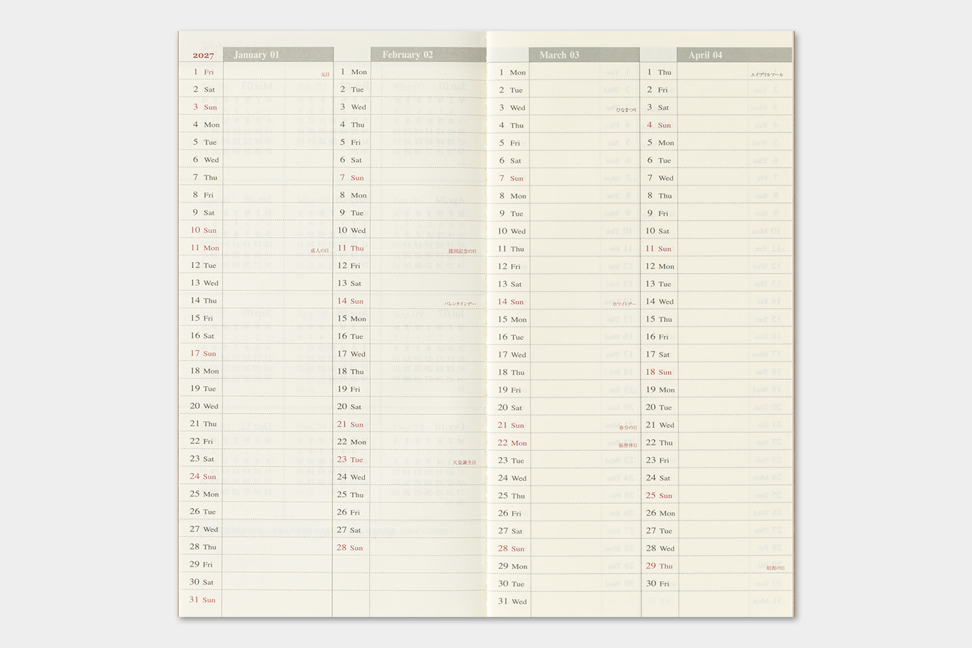 2027 Kalender (Wochenansicht + Memo) - TRAVELER'S Notebook Refill