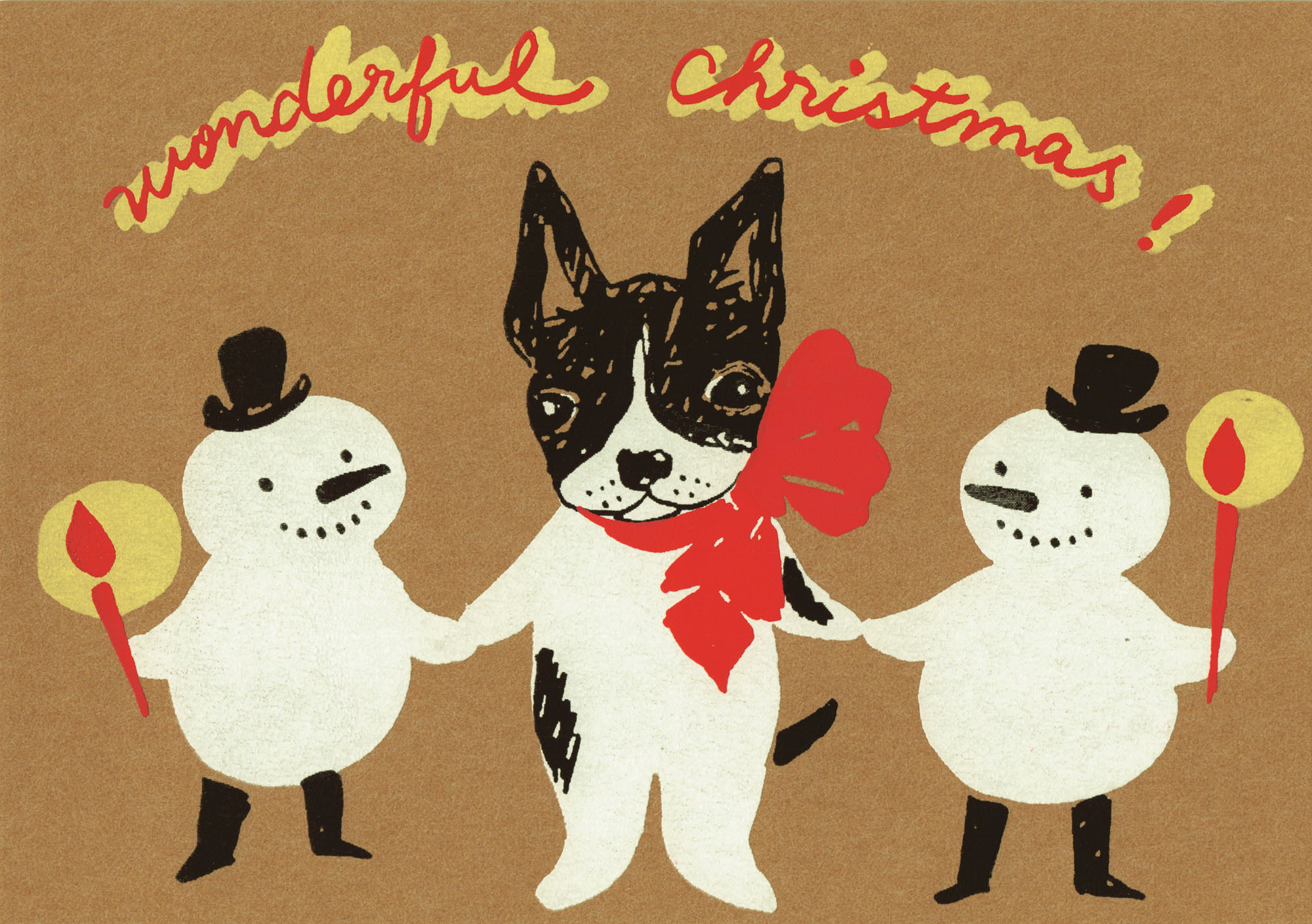 "Wonderful Christmas" - Boston Terrier mit Schneemännern - Siebdruck Postkarte von Dimanche "Wonderful Christmas" - Boston Terrier mit Schneemännern - Siebdruck Postkarte von Dimanche