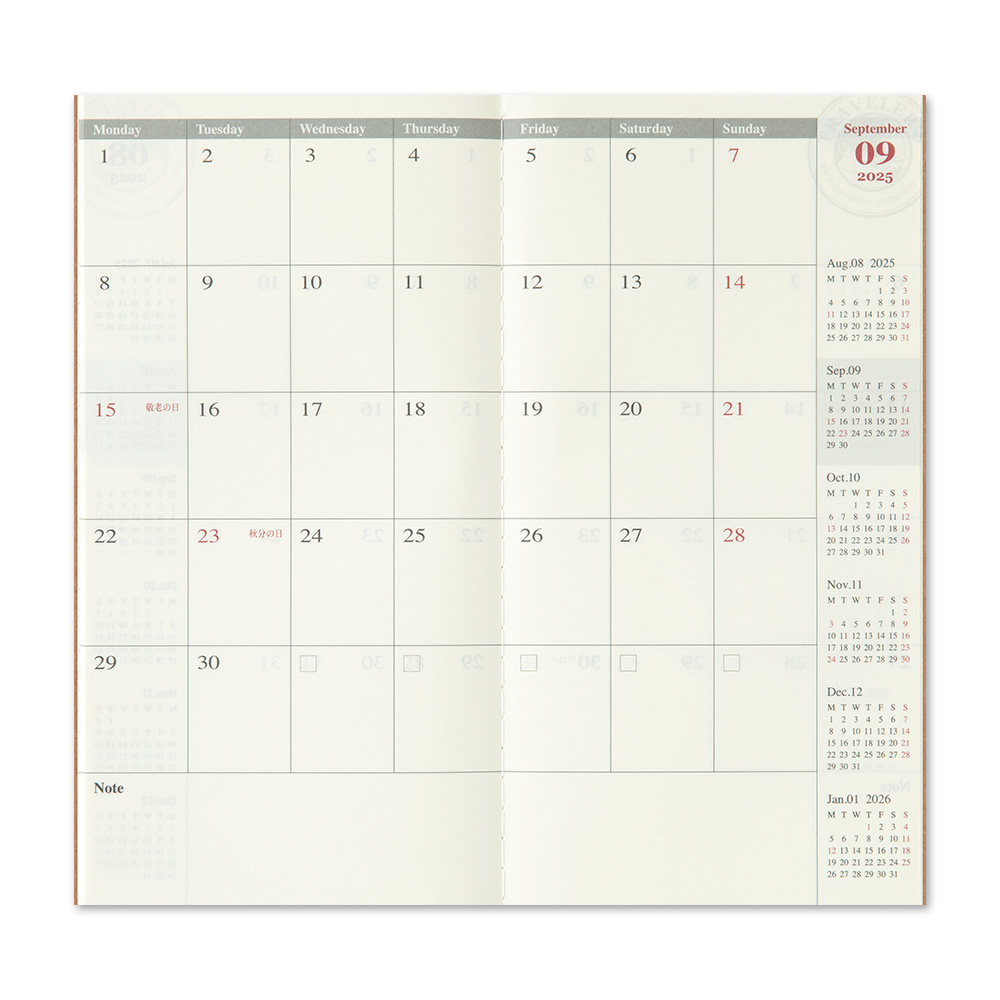 2025 Kalender (Monatsansicht) - TRAVELER'S Notebook Refill