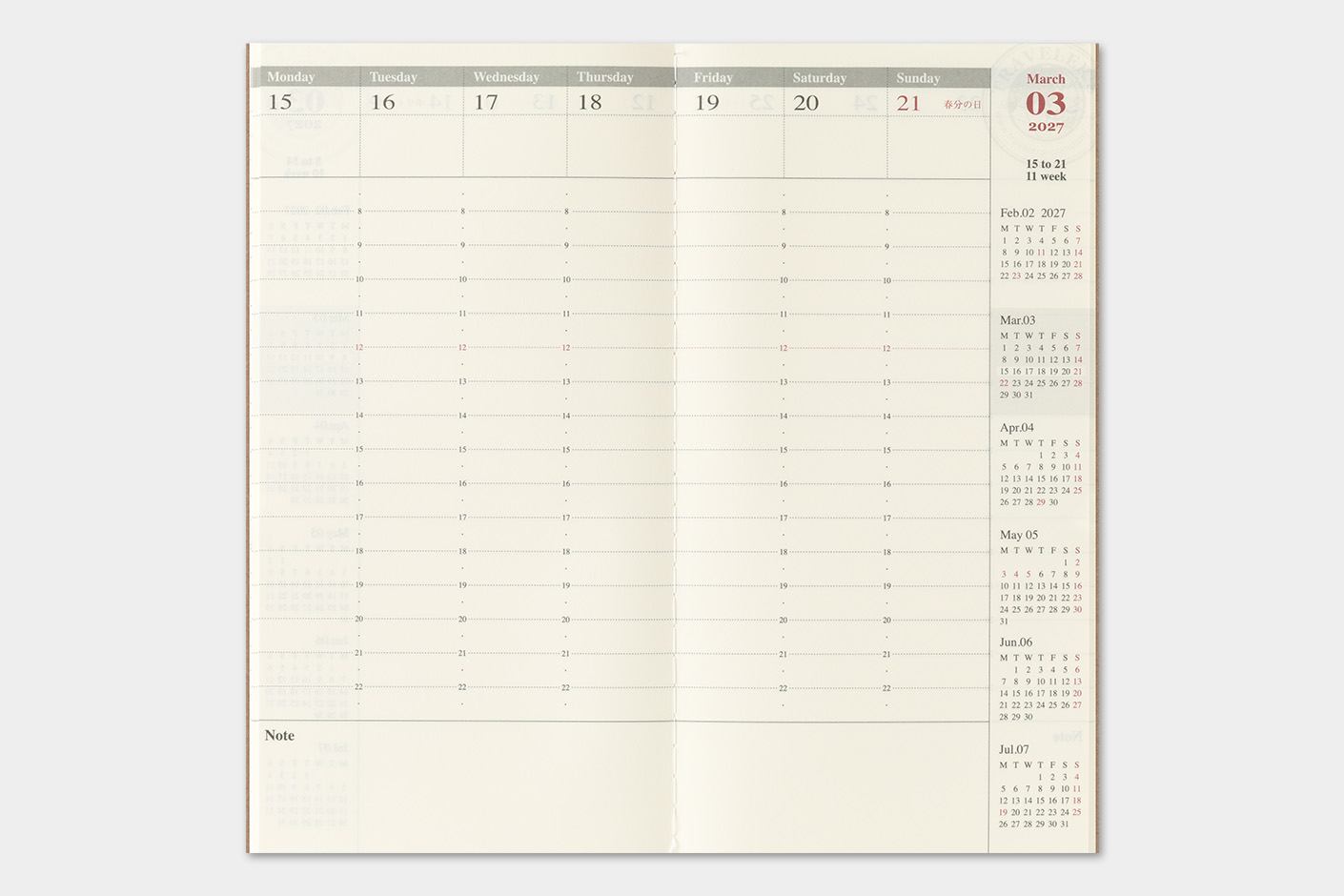 2027 Kalender (Wochenansicht Vertikal) - TRAVELER'S Notebook Refill