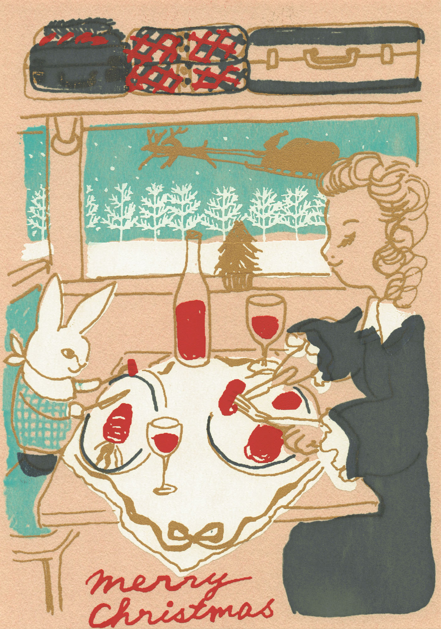 "Merry Christmas" - Festliches Dinner im Zug - Siebdruck Postkarte von Dimanche