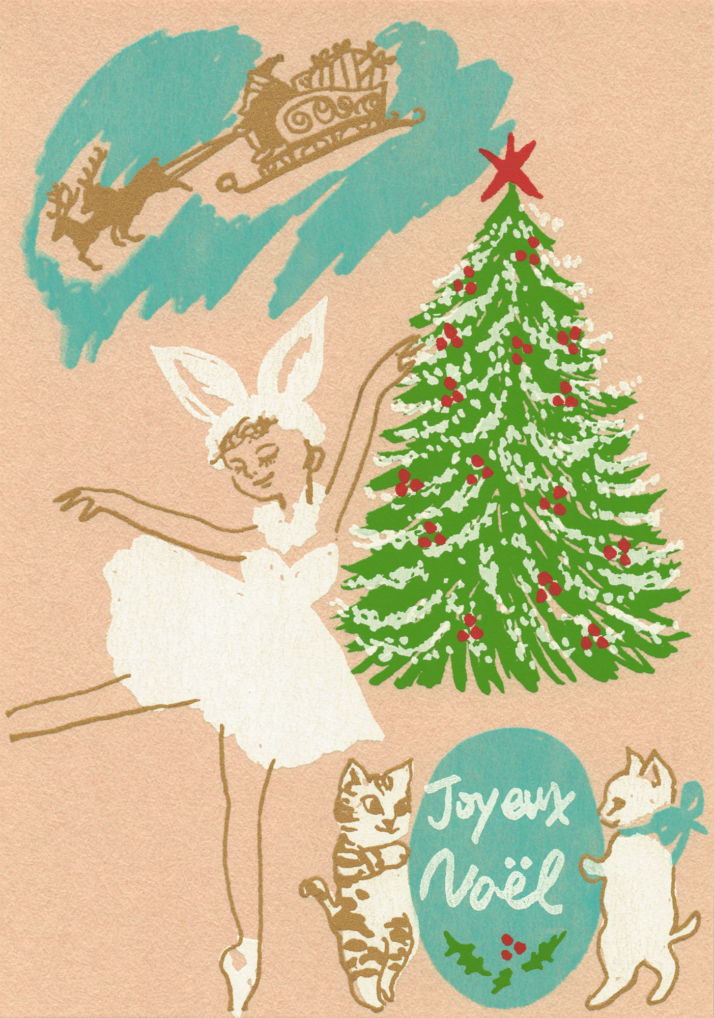 "Joyeux Noël" - Ballerina - Siebdruck Postkarte von Dimanche "Joyeux Noël" - Ballerina - Siebdruck Postkarte von Dimanche