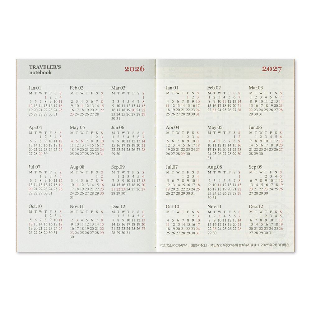 2026 Kalender (Wochenansicht) - The Traveler's Spirit - TRAVELER'S Notebook Refill Passport