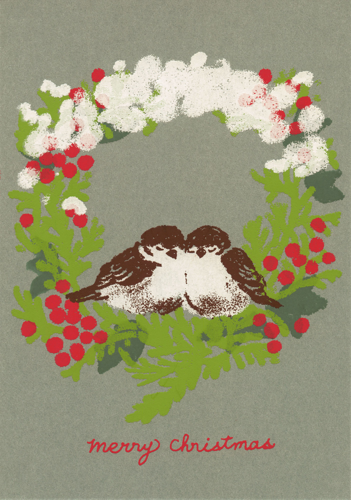 "Merry Christmas" - Vögel im Blumenkranz - Siebdruck Postkarte von Dimanche "Merry Christmas" - Vögel im Blumenkranz - Siebdruck Postkarte von Dimanche