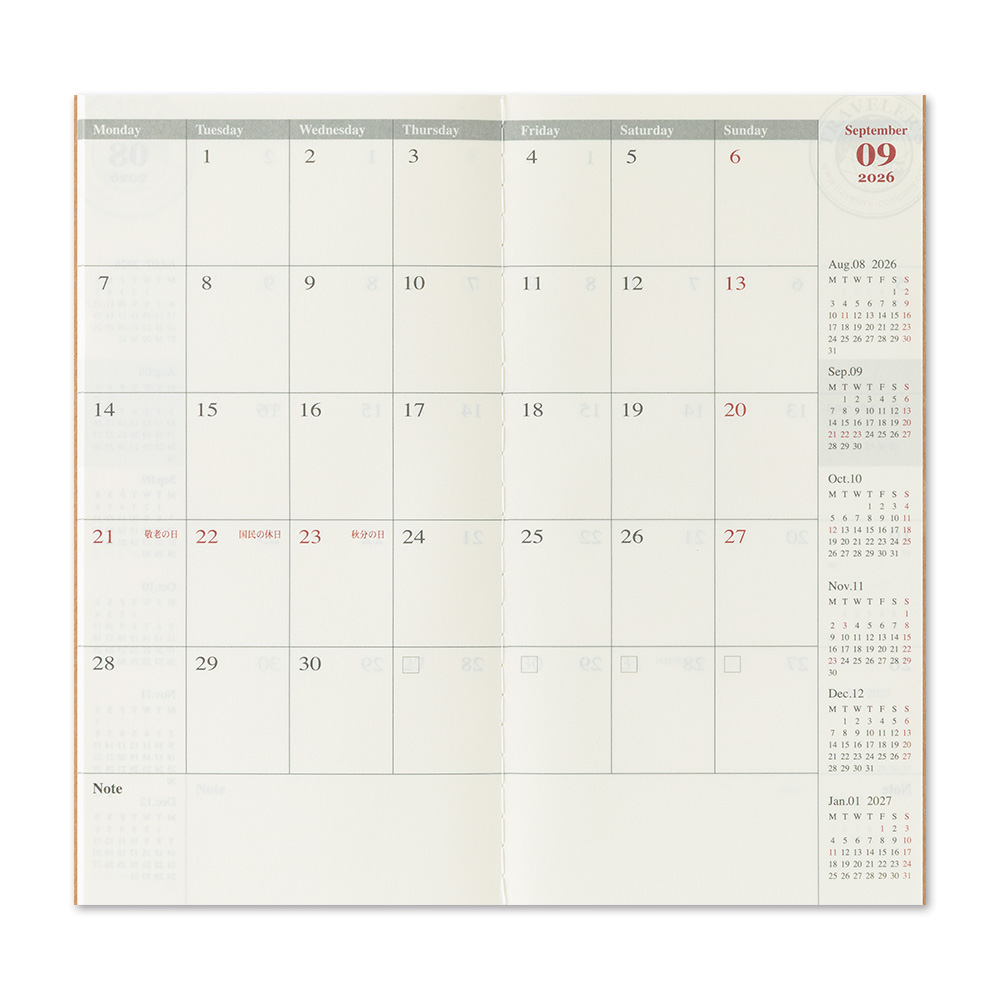 2026 Kalender (Monatsansicht) - The Traveler's Spirit - TRAVELER'S Notebook Refill