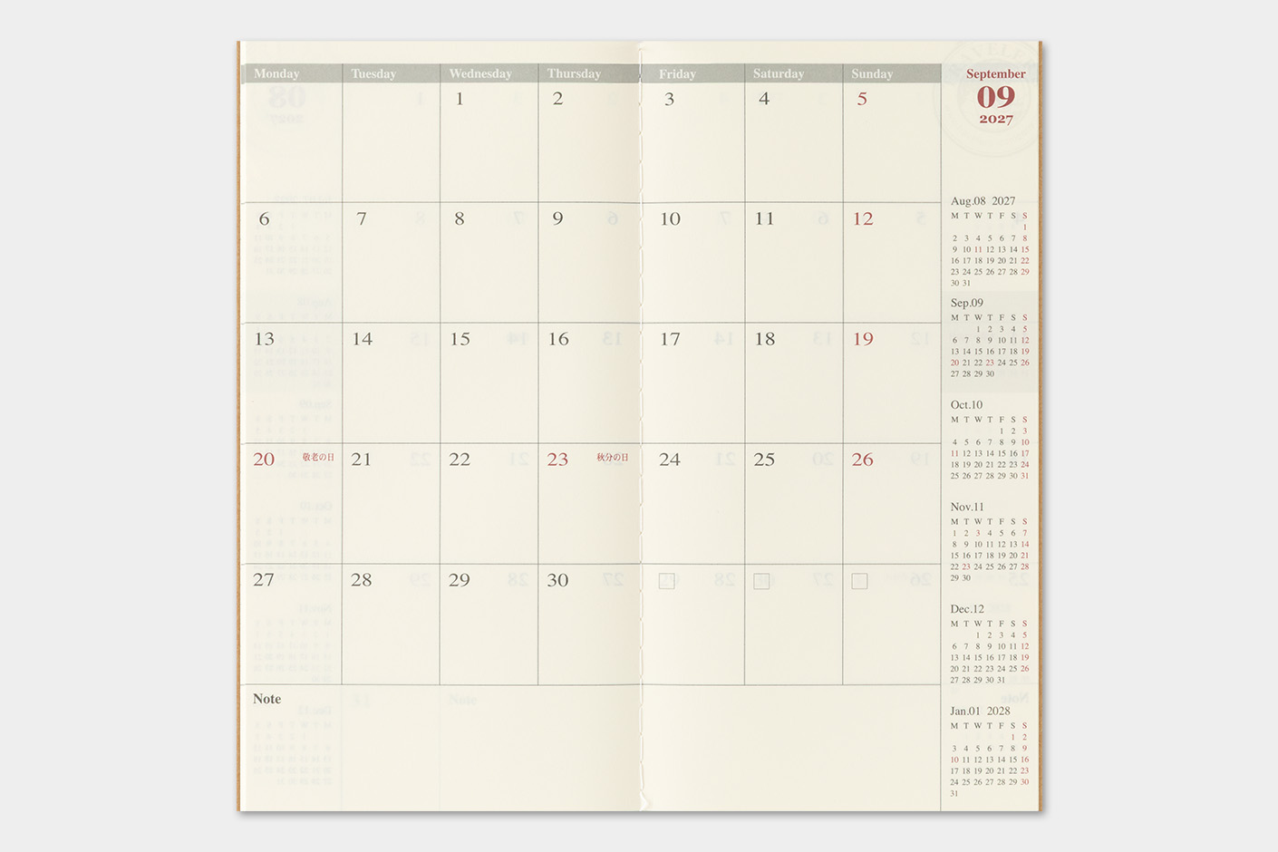 2027 Kalender (Monatsansicht) - TRAVELER'S Notebook Refill