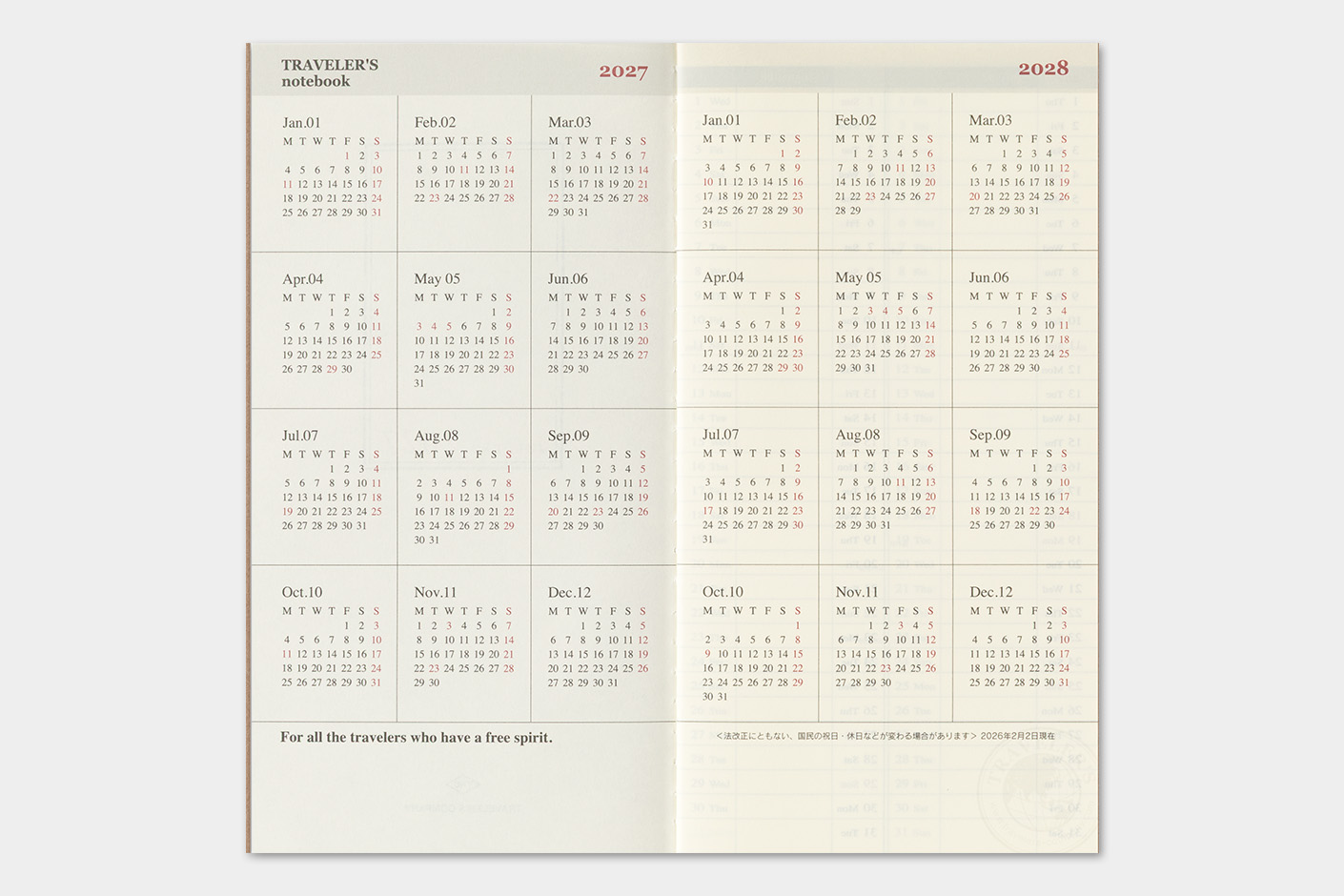 2027 Kalender (Wochenansicht Vertikal) - TRAVELER'S Notebook Refill