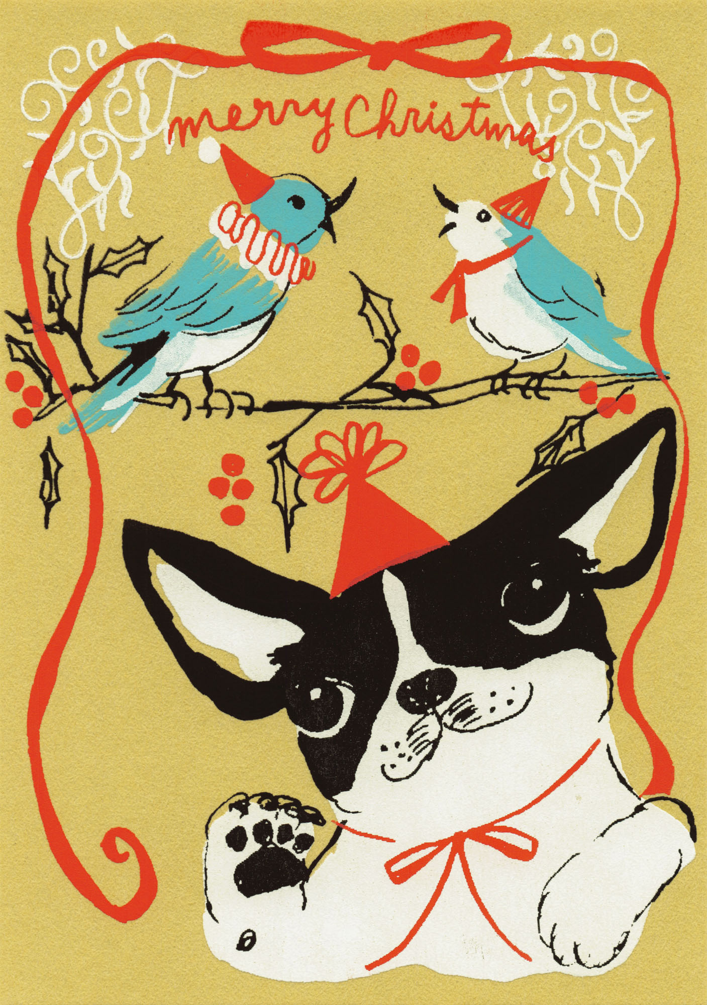 "Merry Christmas" - Puppy Love - Siebdruck Postkarte von Dimanche