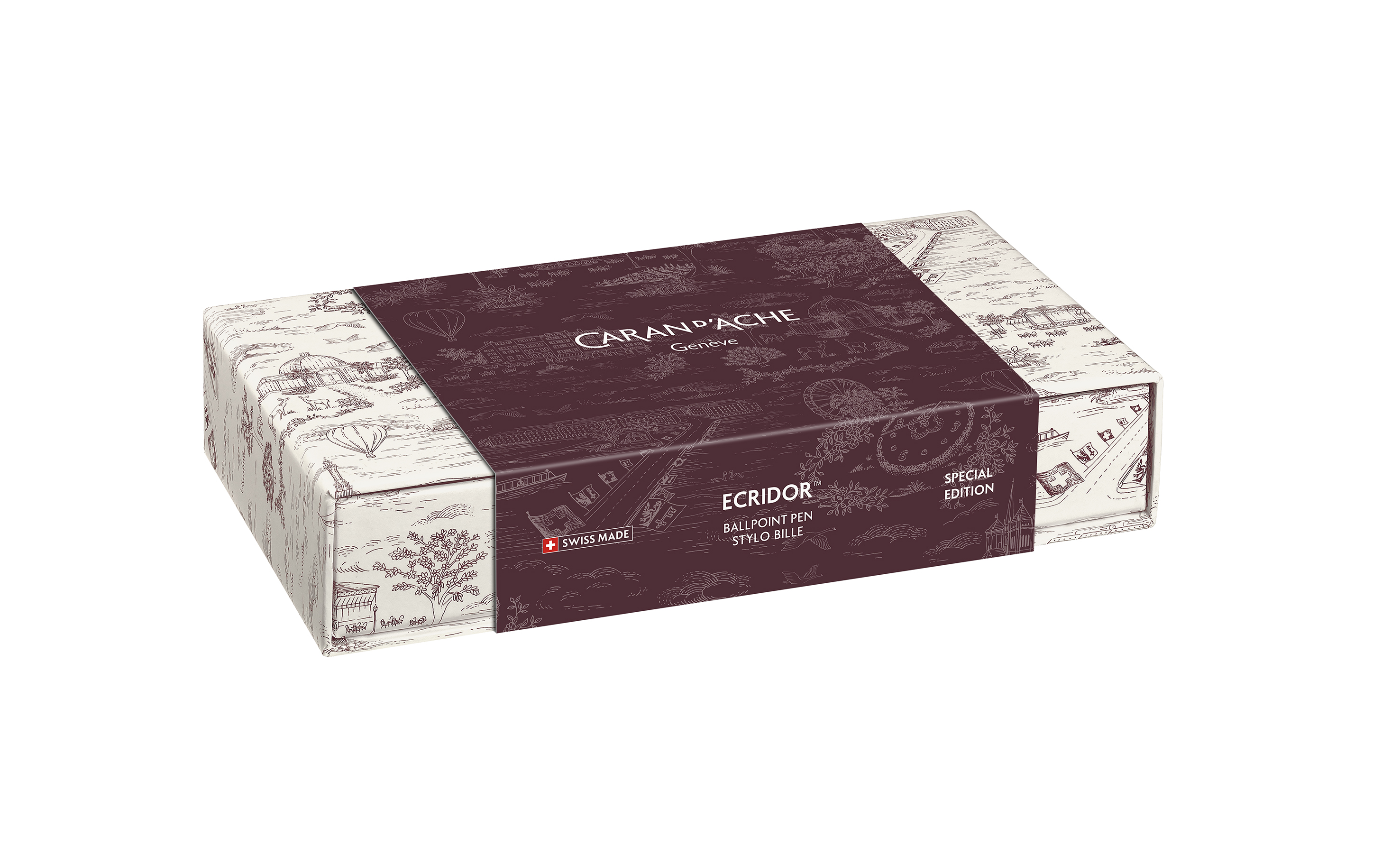 Set Kugelschreiber Ecridor™ Toile de Jouy & Etui aus Leder Bordeaux - Sonderedition