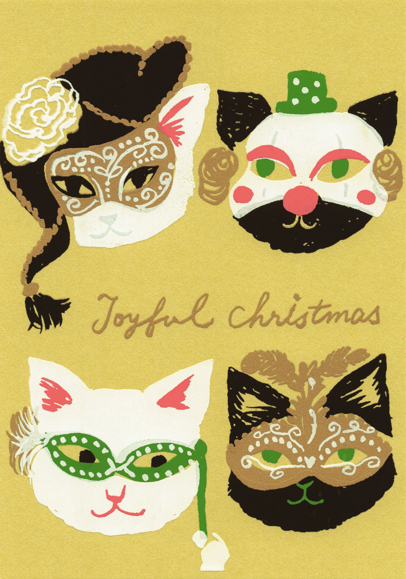 "Joyful Christmas" - Katzen Maskenball - Siebdruck Postkarte von Dimanche "Joyful Christmas" - Katzen Maskenball - Siebdruck Postkarte von Dimanche