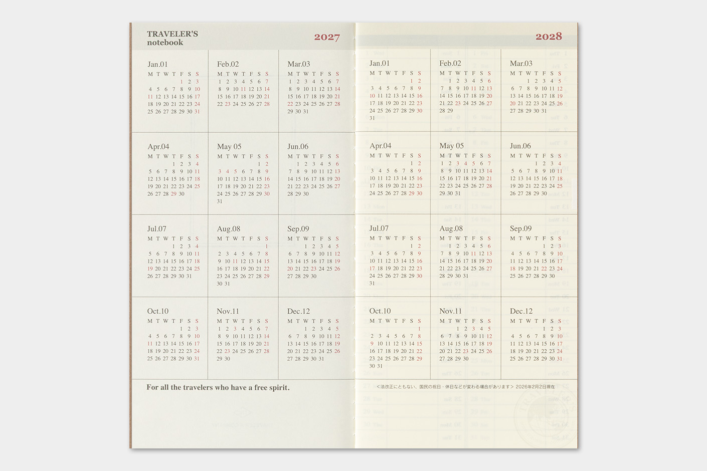 2027 Kalender (Wochenansicht + Memo) - TRAVELER'S Notebook Refill