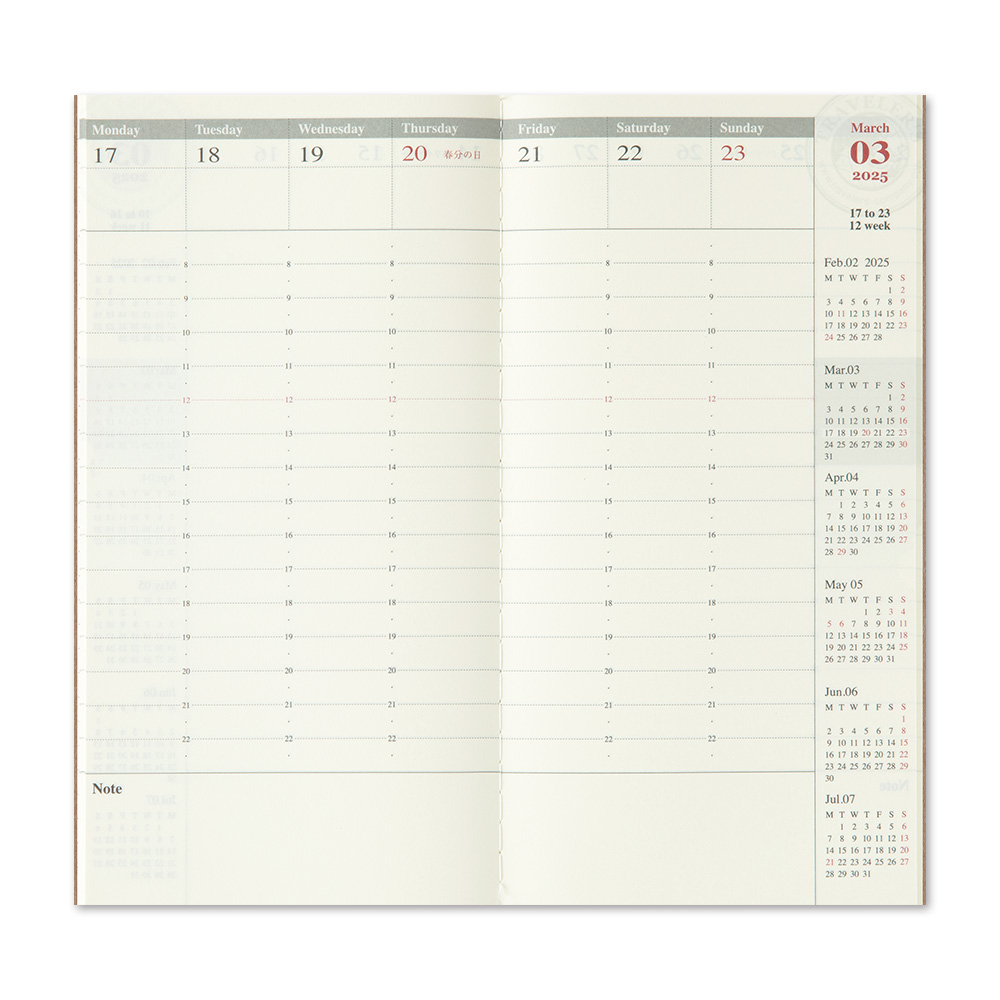 2025 Kalender (Wochenansicht Vertikal) - TRAVELER'S Notebook Refill von TRAVELER'S COMPANY JAPAN aus der Kategorie Einlagen und Zubehör für Größe "Regular" mit der Artikelnummer 14483006