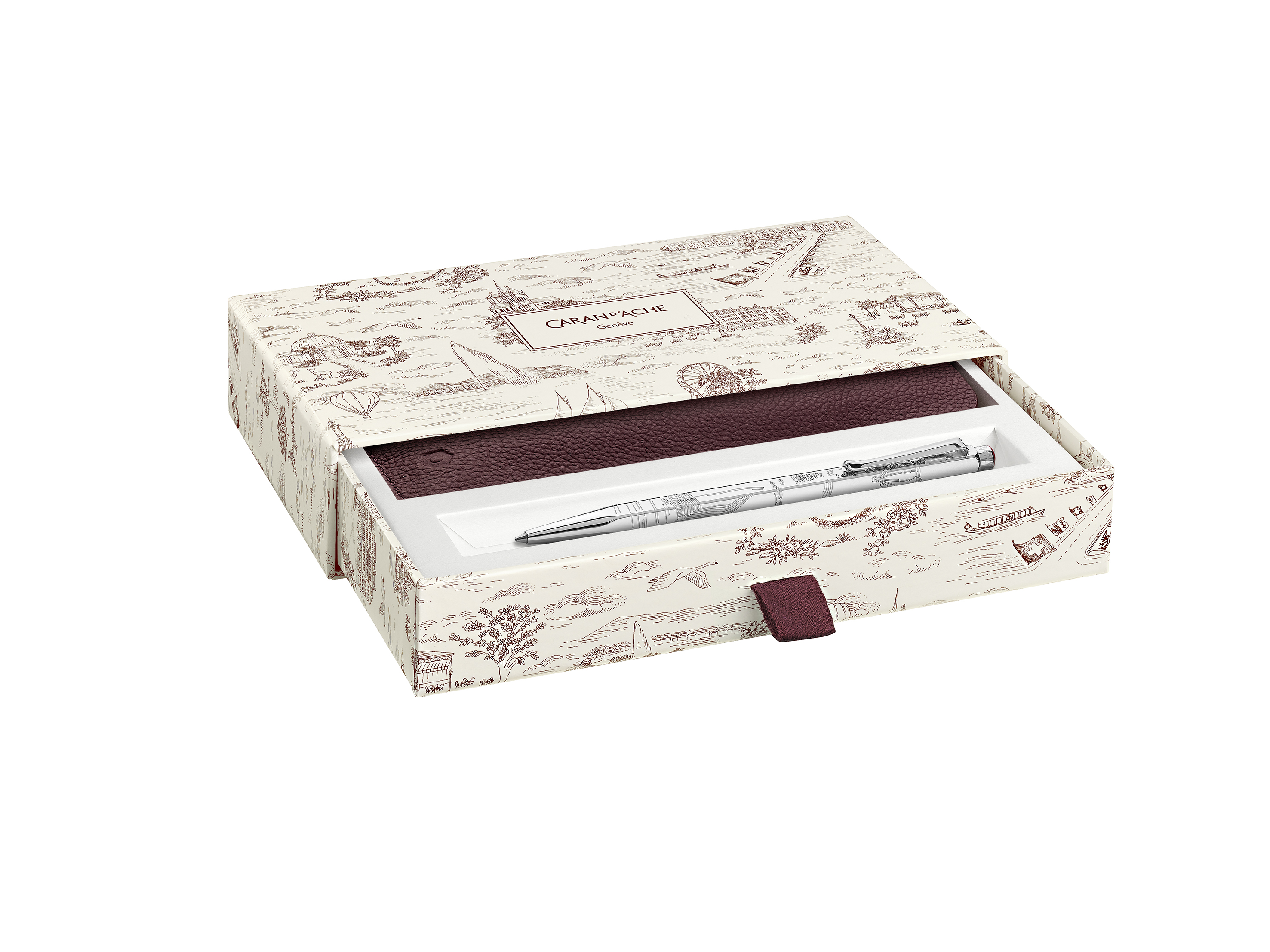 Set Kugelschreiber Ecridor™ Toile de Jouy & Etui aus Leder Bordeaux - Sonderedition