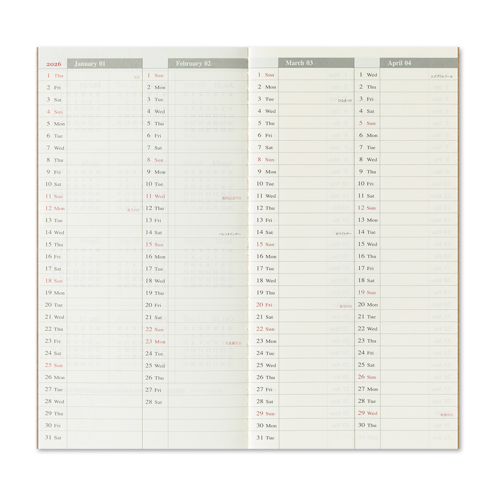 2026 Kalender (Wochenansicht + Memo) - The Traveler's Spirit - TRAVELER'S Notebook Refill