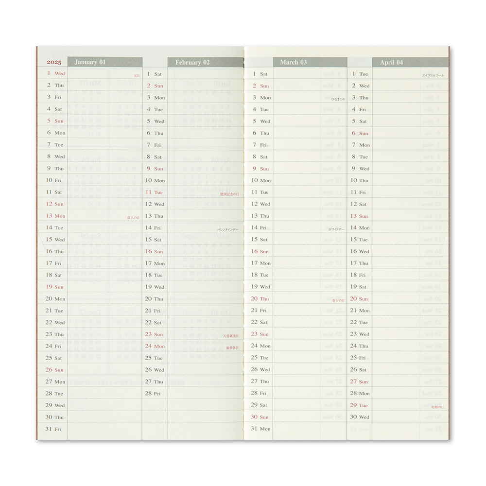 2025 Kalender (Wochenansicht Vertikal) - TRAVELER'S Notebook Refill