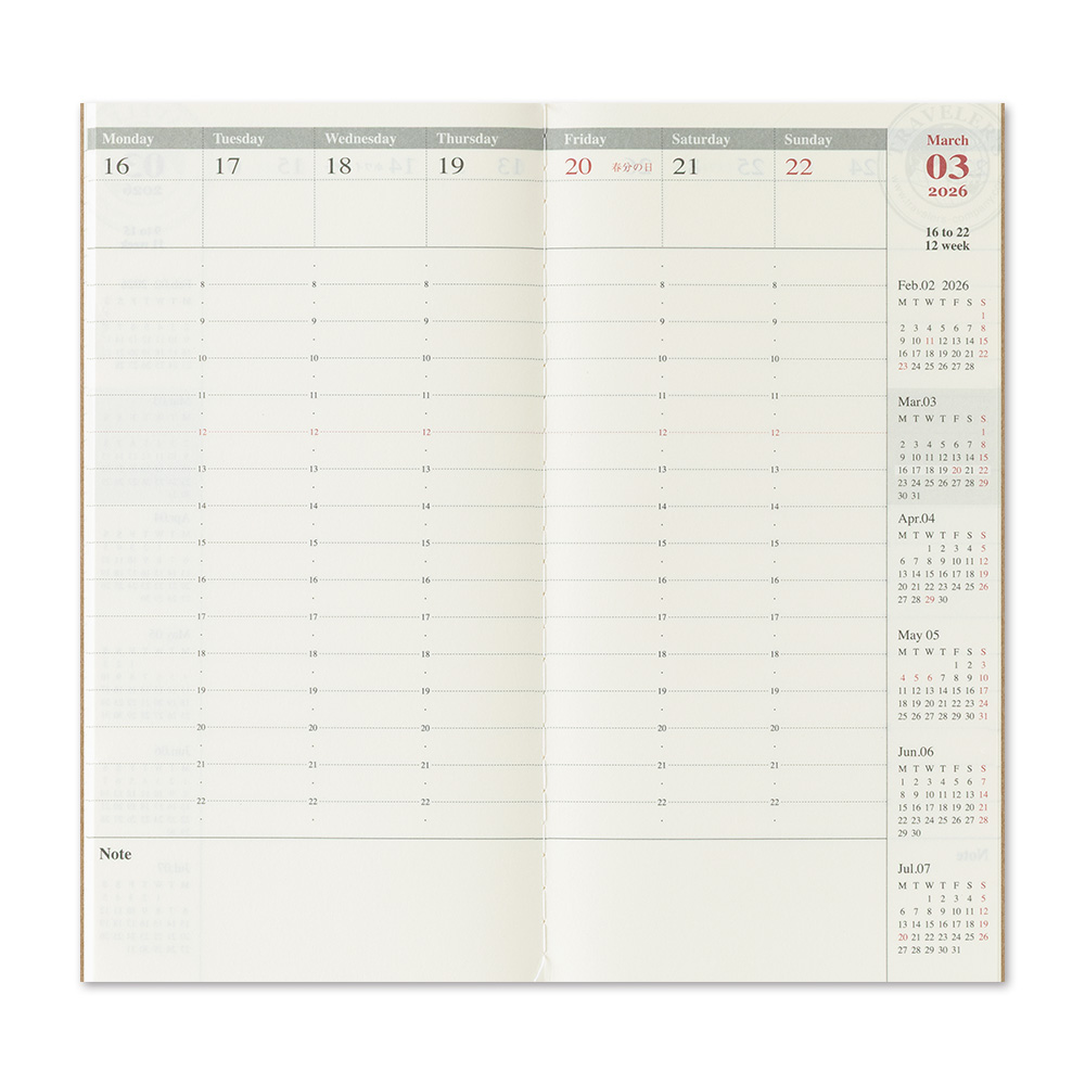 2026 Kalender (Wochenansicht Vertikal) - The Traveler's Spirit - TRAVELER'S Notebook Refill