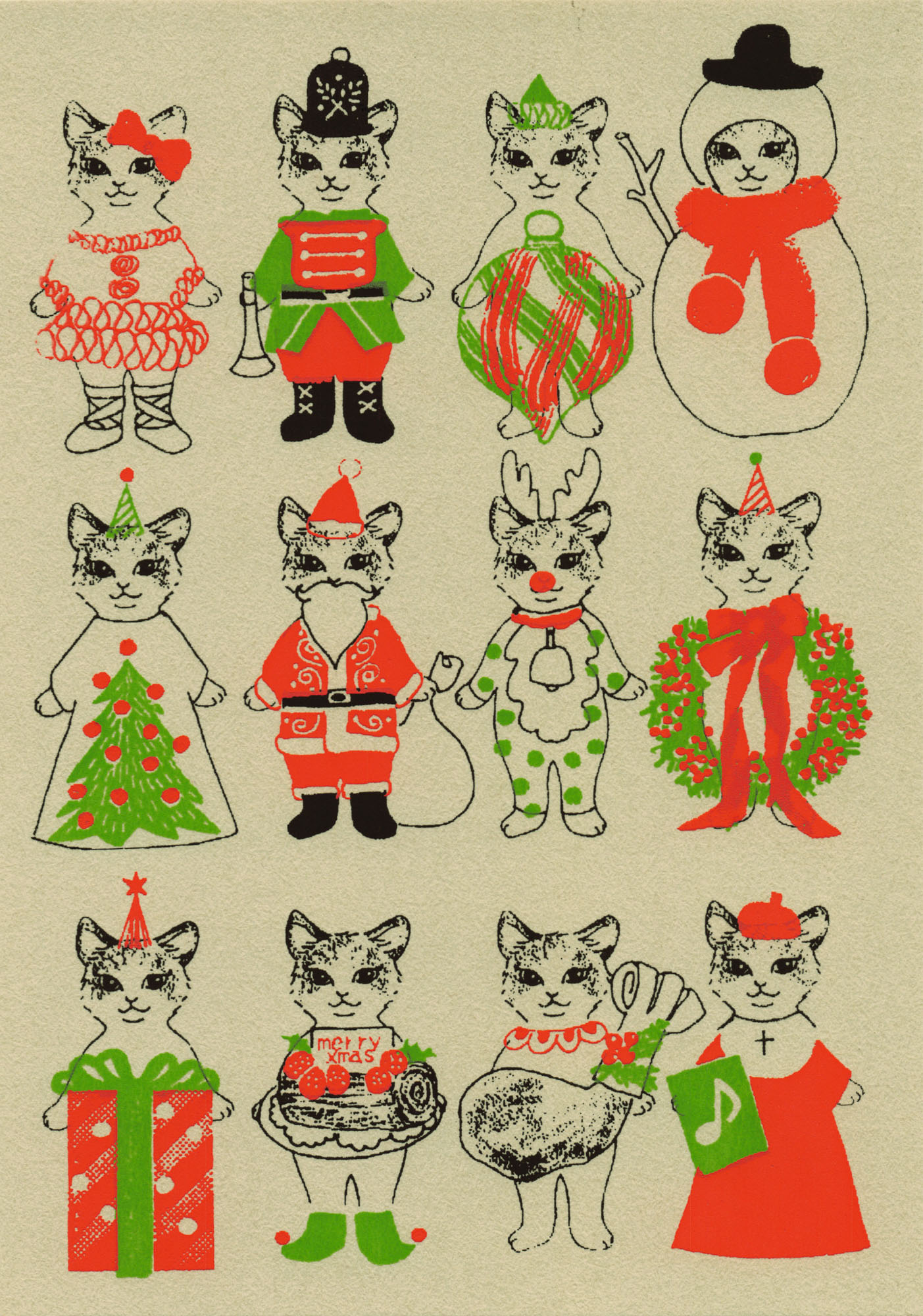 "Merry Xmas" - Katzenparade - Siebdruck Postkarte von Dimanche "Merry Xmas" - Katzenparade - Siebdruck Postkarte von Dimanche