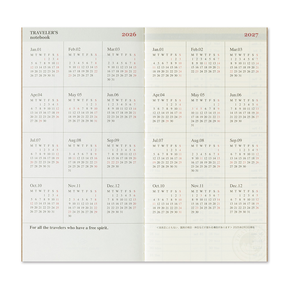 2026 Kalender (Wochenansicht + Memo) - The Traveler's Spirit - TRAVELER'S Notebook Refill